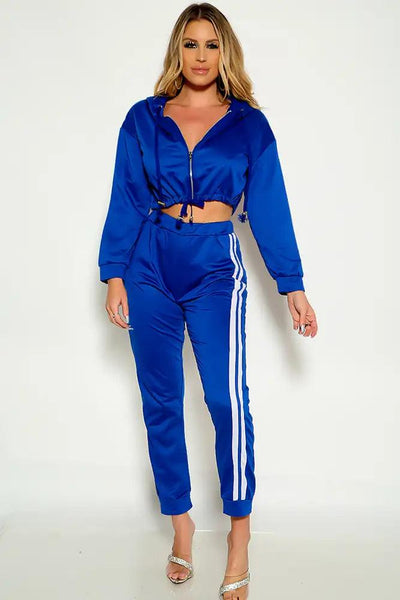 Royal Blue Cropped Long Sleeve Two Piece Lounge Wear Outfit - AMIClubwear