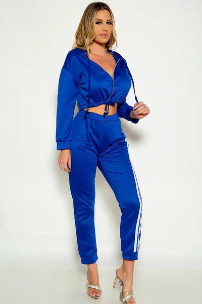 Royal Blue Cropped Long Sleeve Two Piece Lounge Wear Outfit - AMIClubwear