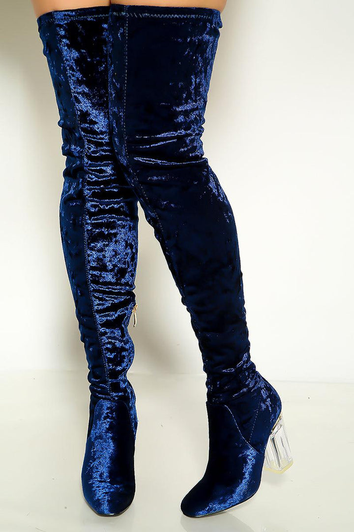 Royal Blue Crushed Velvet Clear Heel Thigh High Boots AMIClubwear