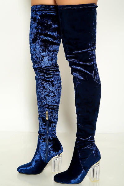 Royal Blue Crushed Velvet Clear Heel Thigh High Boots - AMIClubwear