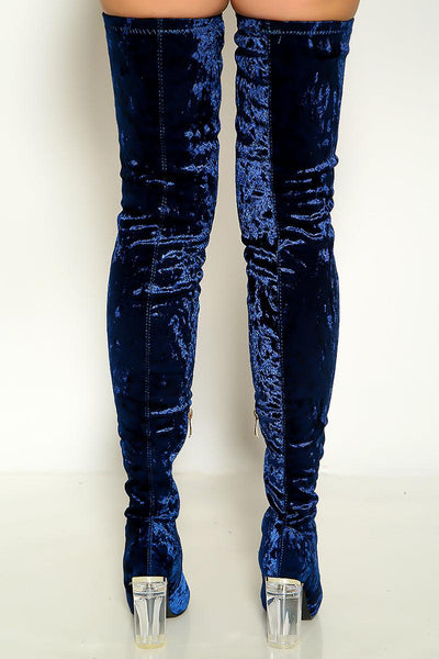 Royal Blue Crushed Velvet Clear Heel Thigh High Boots - AMIClubwear