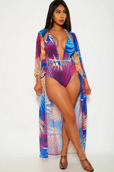 Royal Blue Fuchsia Leaf Print Two Piece Swimsuit - AMIClubwear