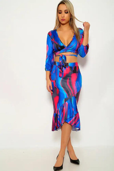 Royal Blue Fuchsia Printed Two Piece Dress - AMIClubwear