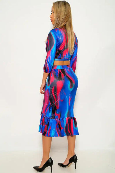 Royal Blue Fuchsia Printed Two Piece Dress - AMIClubwear