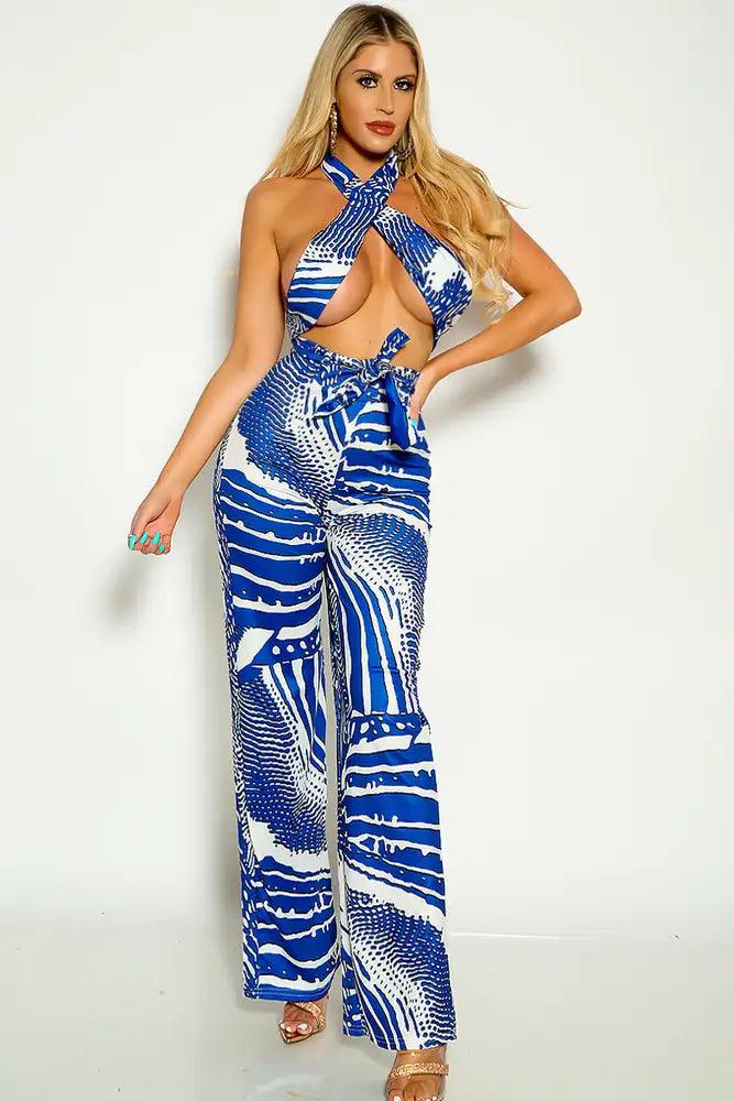 Royal Blue Halter Cross Strap Flared Leg Two Piece Outfit - AMIClubwear