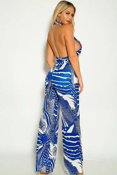 Royal Blue Halter Cross Strap Flared Leg Two Piece Outfit - AMIClubwear