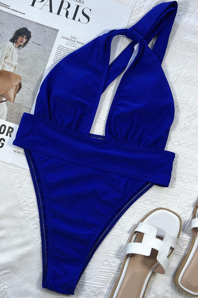 Royal Blue Halter Cut Out One Piece Swimsuit - AMIClubwear