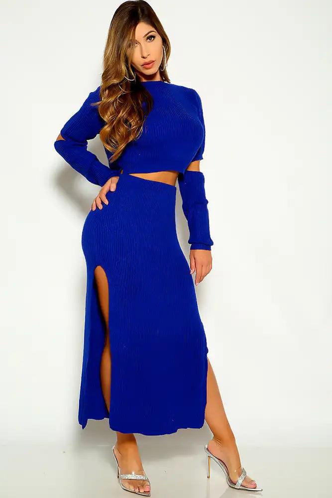Royal Blue Knitted Cut Out Double Slit Sweater Two Piece Dress - AMIClubwear