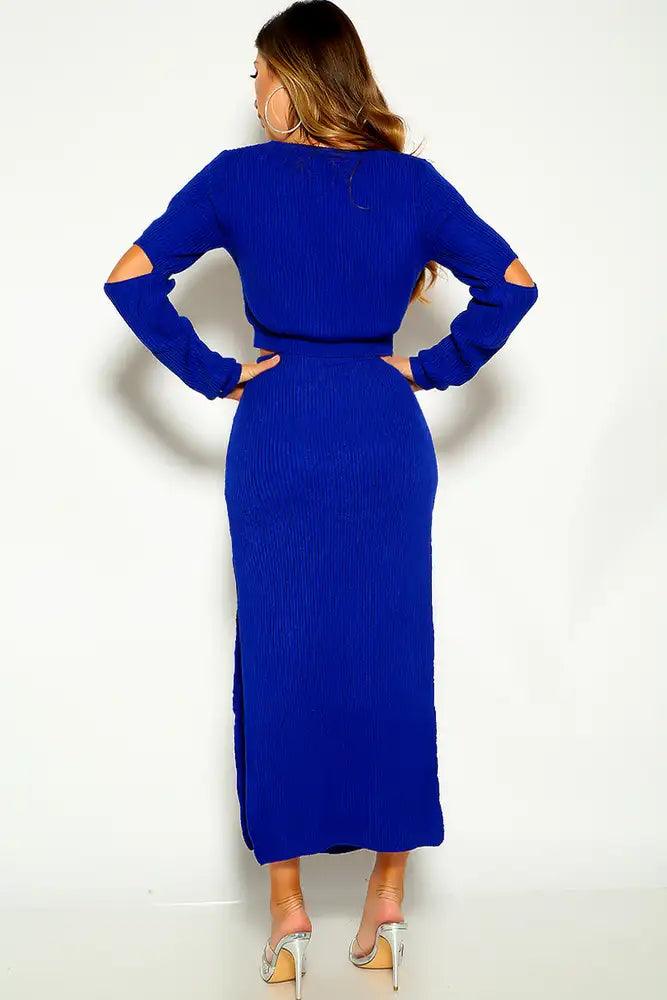 Royal Blue Knitted Cut Out Double Slit Sweater Two Piece Dress - AMIClubwear
