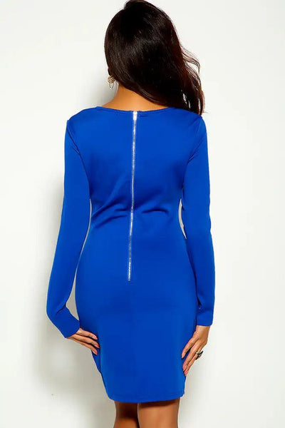 Royal Blue Long Sleeve Criss Cross Detail Party Dress - AMIClubwear