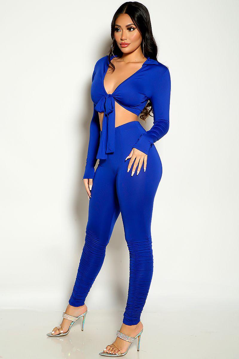 Royal Blue Long Sleeve Cropped Ruched Two Piece Outfit - AMIClubwear