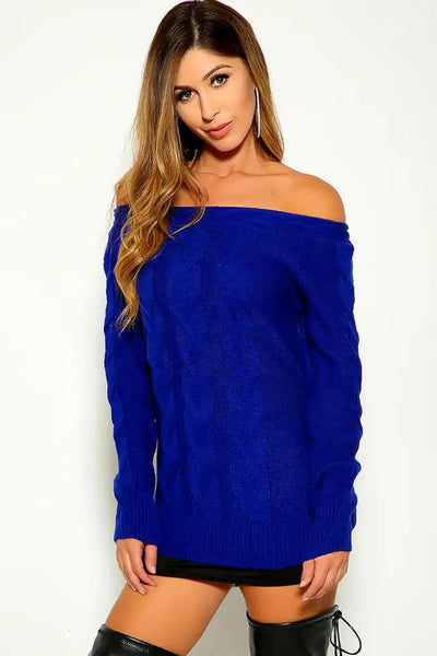 Royal Blue Long Sleeve Knitted Sweater - AMIClubwear