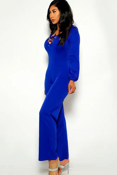 Royal Blue Long Sleeve Lace Up Jumpsuit - AMIClubwear