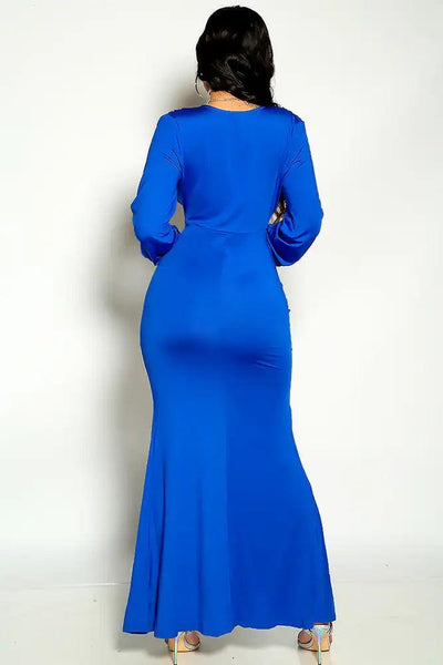 Royal Blue Long Sleeve Plunging Neckline Ruched Slit Sexy Maxi Dress - AMIClubwear