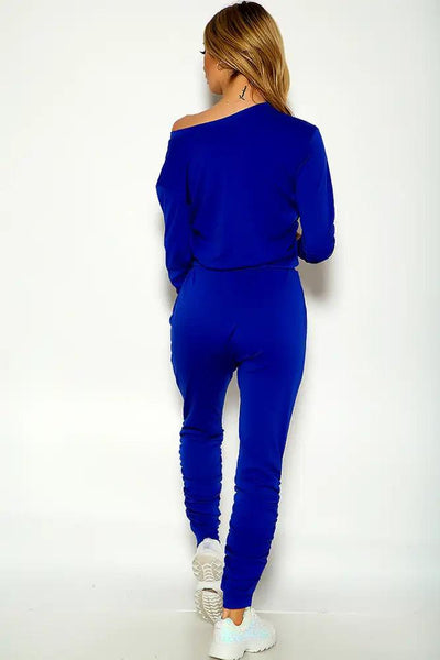 Royal Blue Long Sleeve Ruched Loungewear Two Piece Outfit - AMIClubwear