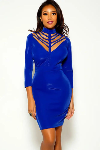 Royal Blue Long Sleeve Strappy Party Dress - AMIClubwear