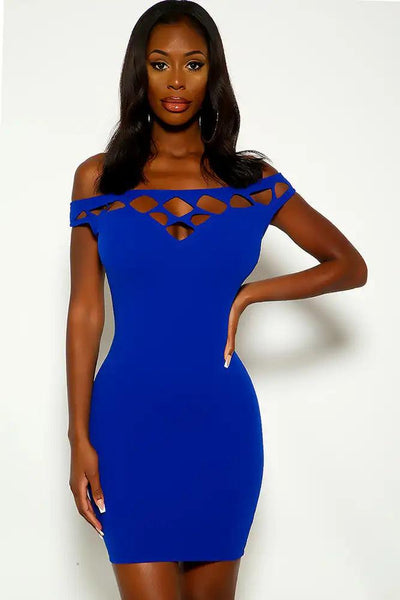 Royal Blue Off The Shoulder Cut Out Design Party Dress - AMIClubwear