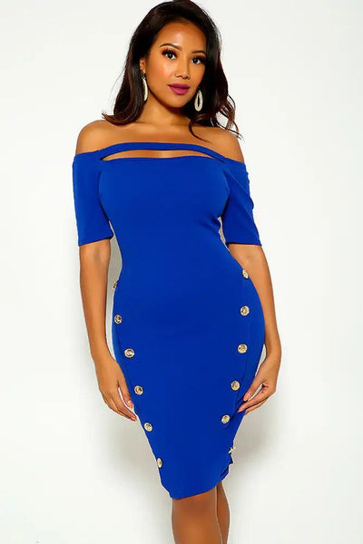 Royal Blue Off the Shoulder Gold Button Detail Party Dress - AMIClubwear