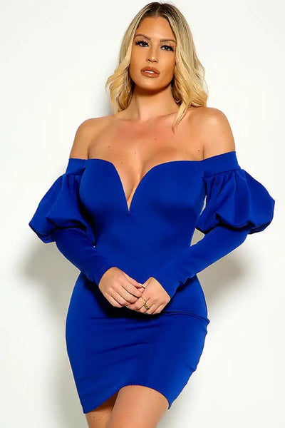 Royal Blue Off The Shoulder Puff Sleeve V-Wire Party Dress - AMIClubwear