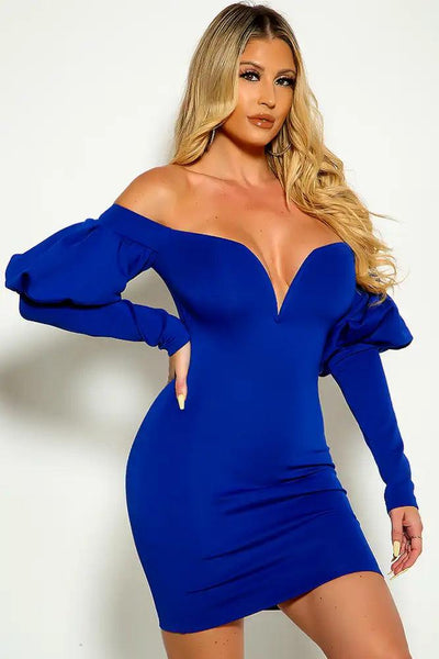 Royal Blue Off The Shoulder Puff Sleeve V-Wire Party Dress - AMIClubwear