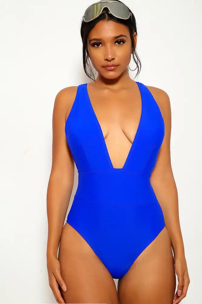 Royal Blue One Piece Plunging Swimsuit - AMIClubwear
