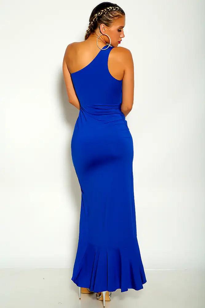 Royal Blue One Shoulder Side Knot Ruffled Side Slit Dress - AMIClubwear