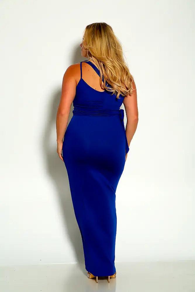Royal Blue One Sleeve Cut Out Side Strap Maxi Plus Size Two Piece Dress - AMIClubwear