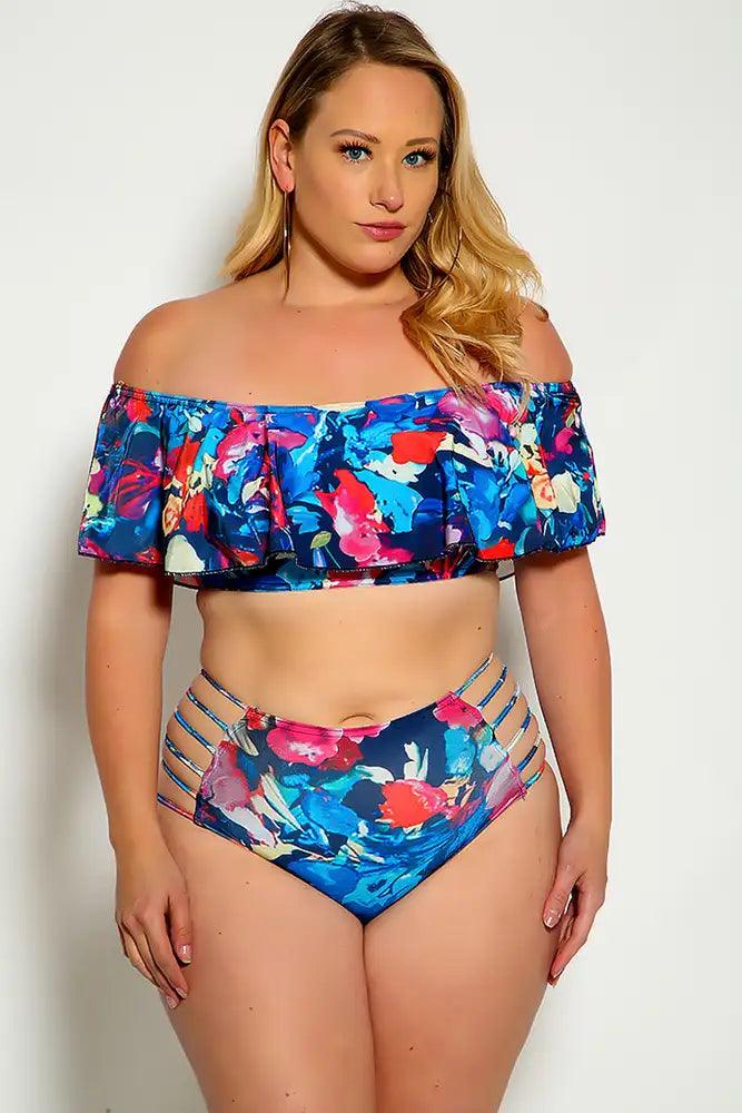 Royal Blue Pink Off The Shoulder Ruffled Strappy high Waist Plus Size Swimsuit - AMIClubwear