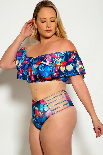 Royal Blue Pink Off The Shoulder Ruffled Strappy high Waist Plus Size Swimsuit - AMIClubwear