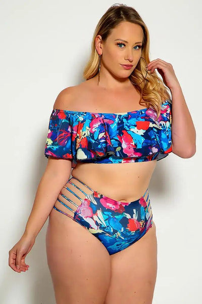 Royal Blue Pink Off The Shoulder Ruffled Strappy high Waist Plus Size Swimsuit - AMIClubwear