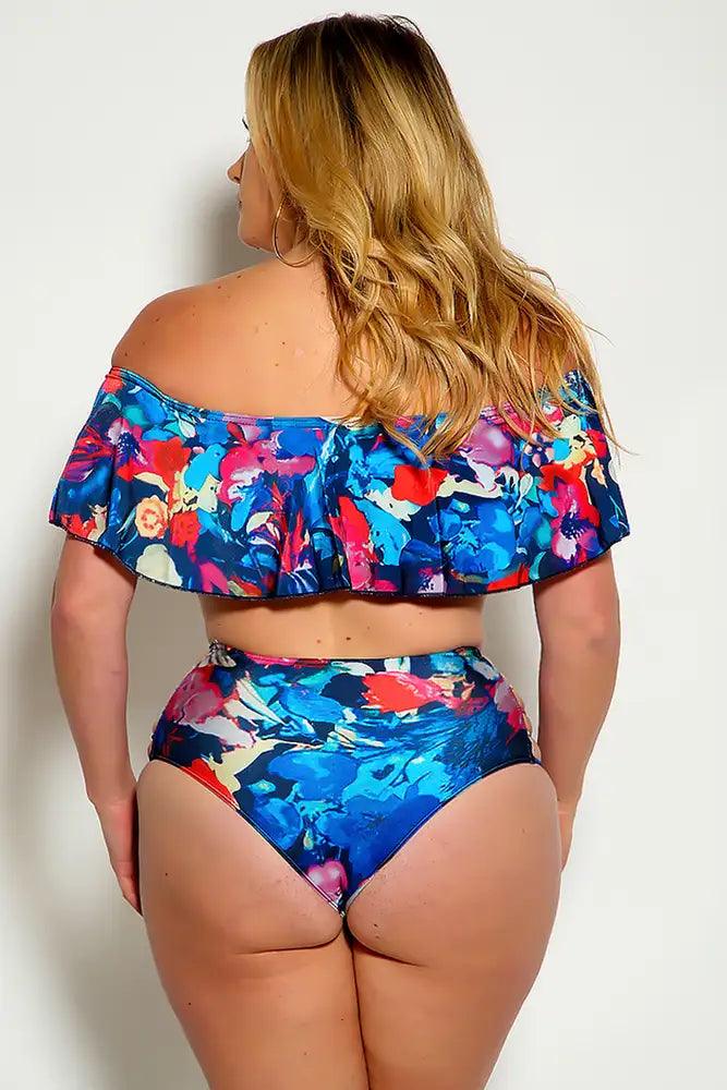 Royal Blue Pink Off The Shoulder Ruffled Strappy high Waist Plus Size Swimsuit - AMIClubwear