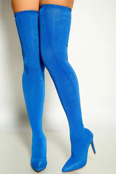 Royal Blue Pointy Toe Stretchy Thigh High Heel Boots - AMIClubwear