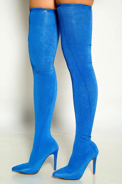 Royal Blue Pointy Toe Stretchy Thigh High Heel Boots - AMIClubwear
