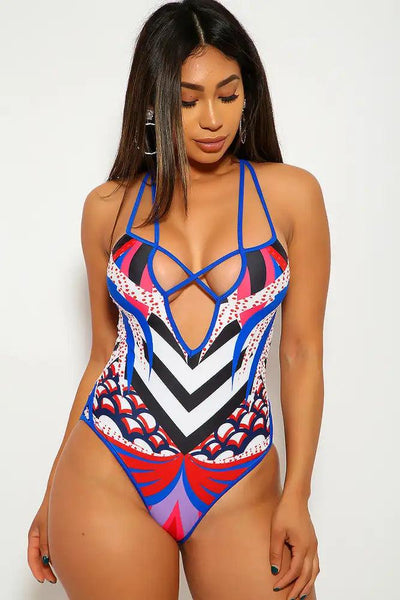 Royal Blue Red Graphic One Piece Swimsuit - AMIClubwear