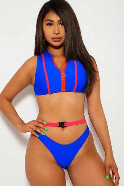 Royal Blue Red Two Piece Striped Swimsuit - AMIClubwear