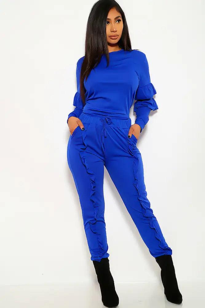 Royal Blue Ruffled Plus Size Two Piece Outfit - AMIClubwear