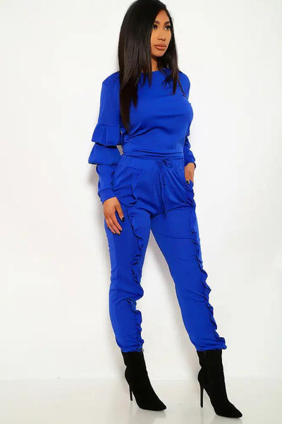 Royal Blue Ruffled Plus Size Two Piece Outfit - AMIClubwear
