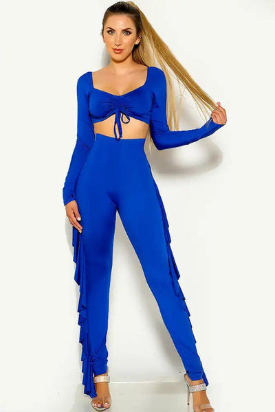Royal Blue Ruffled Ruched Two Piece outfit - AMIClubwear