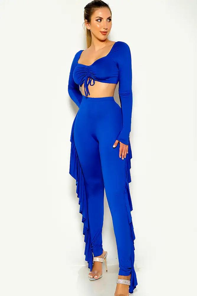 Royal Blue Ruffled Ruched Two Piece outfit - AMIClubwear