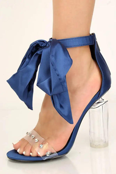 Royal Blue Satin Rhinestone Accent Chunky Heels - AMIClubwear