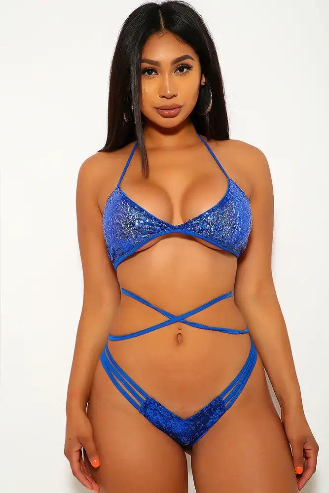 Royal Blue Sequin Two Piece Strappy Swimsuit - AMIClubwear