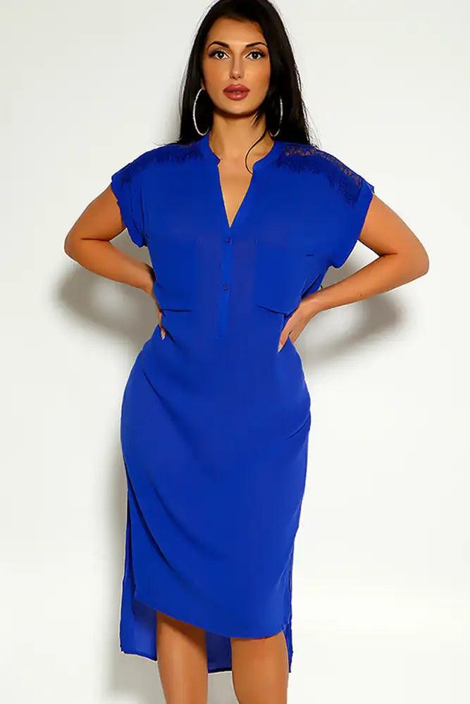 Royal Blue Short Sleeve Button Up Dress - AMIClubwear