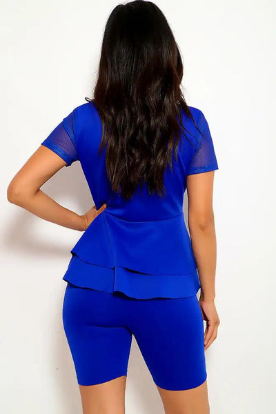 Royal Blue Short Sleeve Plus Size Two Piece Outfit - AMIClubwear