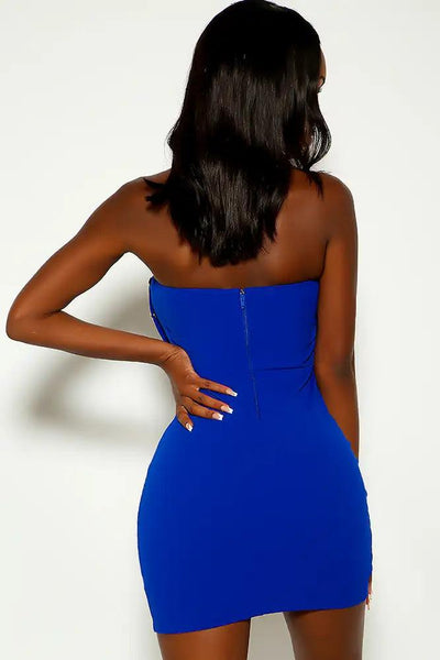 Royal Blue Strapless Metallic Button Accent Party Dress - AMIClubwear
