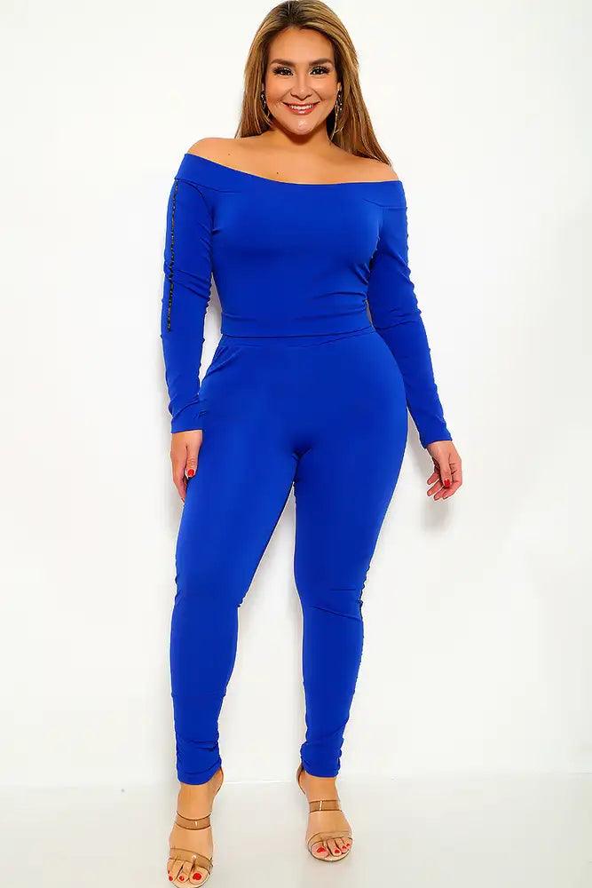 Royal Blue Striped Plus Size Two Piece Outfit - AMIClubwear