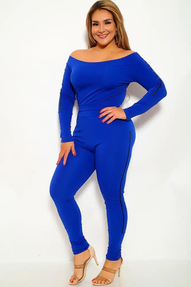 Royal Blue Striped Plus Size Two Piece Outfit - AMIClubwear