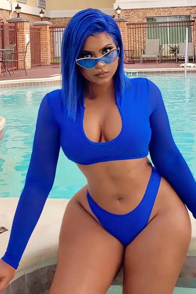 Royal Blue Two Piece Long Sleeves Mesh Swimsuit - AMIClubwear