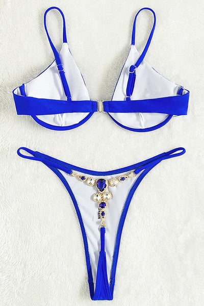 Royal Blue U-Underwire Rhinestones Sexy Two Piece Swimsuit - AMIClubwear