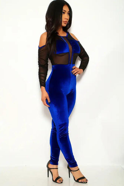 Royal Blue Velvet Long Sleeve Jumpsuit - AMIClubwear