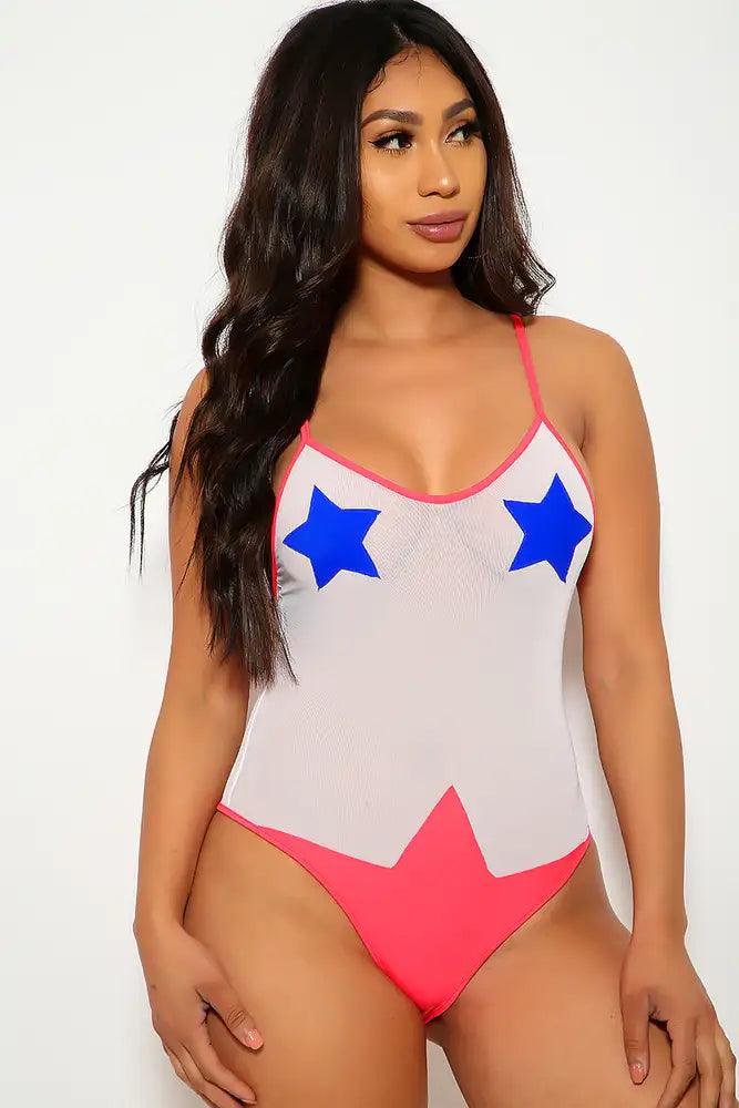 Royal Blue White Red Patriotic Netted Mesh Star Patch Sexy Swimsuit - AMIClubwear